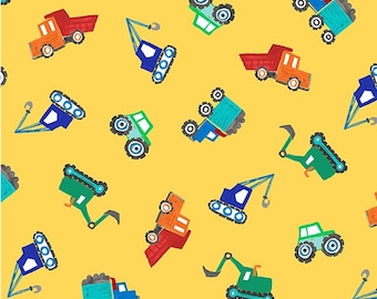 Road Builders - Tossed Diggers and Dumpers Yellow - # CX9409-YELLOW - D - by Michael Miller - 100% Cotton Woven Fabric, Choose Your Cut