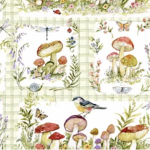 May include: A fabric panel with a woodland design. The pattern features illustrations of mushrooms, butterflies, birds, and dragonflies, set against a light green plaid background. The artwork is in a watercolour style.