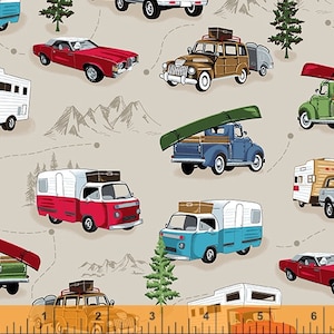 AMERICAN ROAD TRIP - Vehicles on Khaki - Pattern # 52335-2 - Windham Fabrics, 100% Cotton Woven Fabric, Choose Your Cut