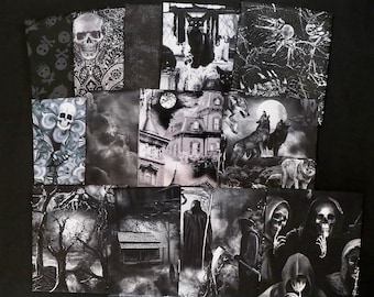 Gothic 13 Piece Fat Quarter Set - Skulls, Grim Reaper, Cemetery, Wicked Owls, Ravens, Bats, Tombstones - 100% Cotton Woven Fabric