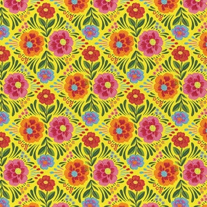 May include: A vibrant floral pattern featuring a repeating design of colorful flowers and foliage. The flowers are in shades of pink, orange, red, and blue, set against a bright yellow background. The leaves are green, creating a lively and cheerful aesthetic.
