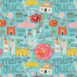 VIVA MEXICO! - Pattern # 120-21279 - Landmarks on Aqua - Paintbrush Studio - 100% Cotton Woven Fabric, Choose Your Cut