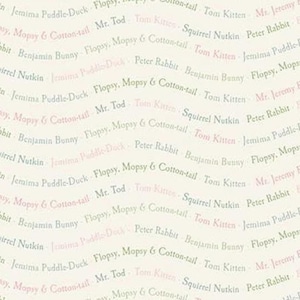 Puede incluir: Un fondo blanco con un patrón repetido de nombres del libro infantil "La historia de Peter Rabbit" en texto rosa y verde. Los nombres incluyen: Jemima Puddle-Duck, Flopsy, Mopsy, Cotton-tail, Mr. Tod, Tom Kitten, Squirrel Nutkin, Peter Rabbit, Benjamin Bunny y Mr. Jeremy Fisher.