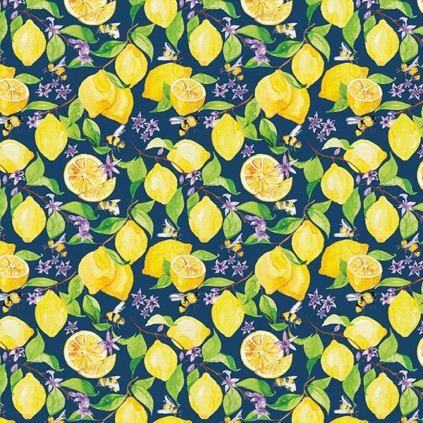 Sweet & Sour Lemon Tree  - Navy - by Paintbrush Studio - 100% Cotton Woven Fabric - Choose Your Cut