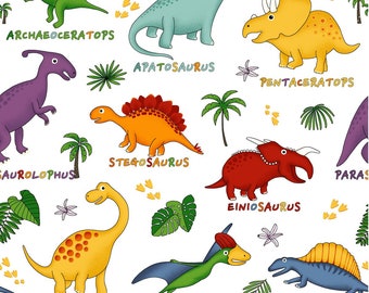 Lost World Main White - Pattern # 112-31602 - Colorful Dinosaurs with Names - by Paintbrush Studio - 100% Cotton Woven - Choose Your Cut