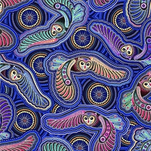 Sahul Land - # 59-7001 Blue - Owls - by Oasis Fabrics - Digital Print - 100% Cotton Woven Fabric - Choose Your Cut