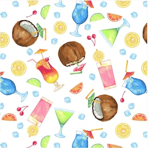 May include: A seamless pattern featuring a variety of tropical drinks and fruits. The pattern includes cocktails, coconuts, limes, oranges, cherries, and ice cubes. The background is white.