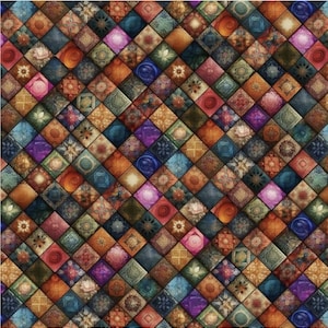 Puede incluir: Un colorido patrón de patchwork con una variedad de baldosas cuadradas. Las baldosas muestran diseños y texturas intrincados en tonos de naranja, azul, verde, morado y rosa. El efecto general es un mosaico rico, detallado y visualmente atractivo.