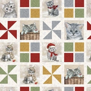 A Purr-fect Holiday Season (Digital) 4064-48 Multi - Cat Patch Work - 100% Cotton Woven Fabric - Choose Your Cut
