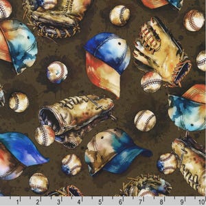 Game Day Baseball Equipment  - #SRKD-22909-16 BROWN Vintage Watercolor Look - by Robert Kaufman - 100% Cotton Woven Fabric - Choose Cut