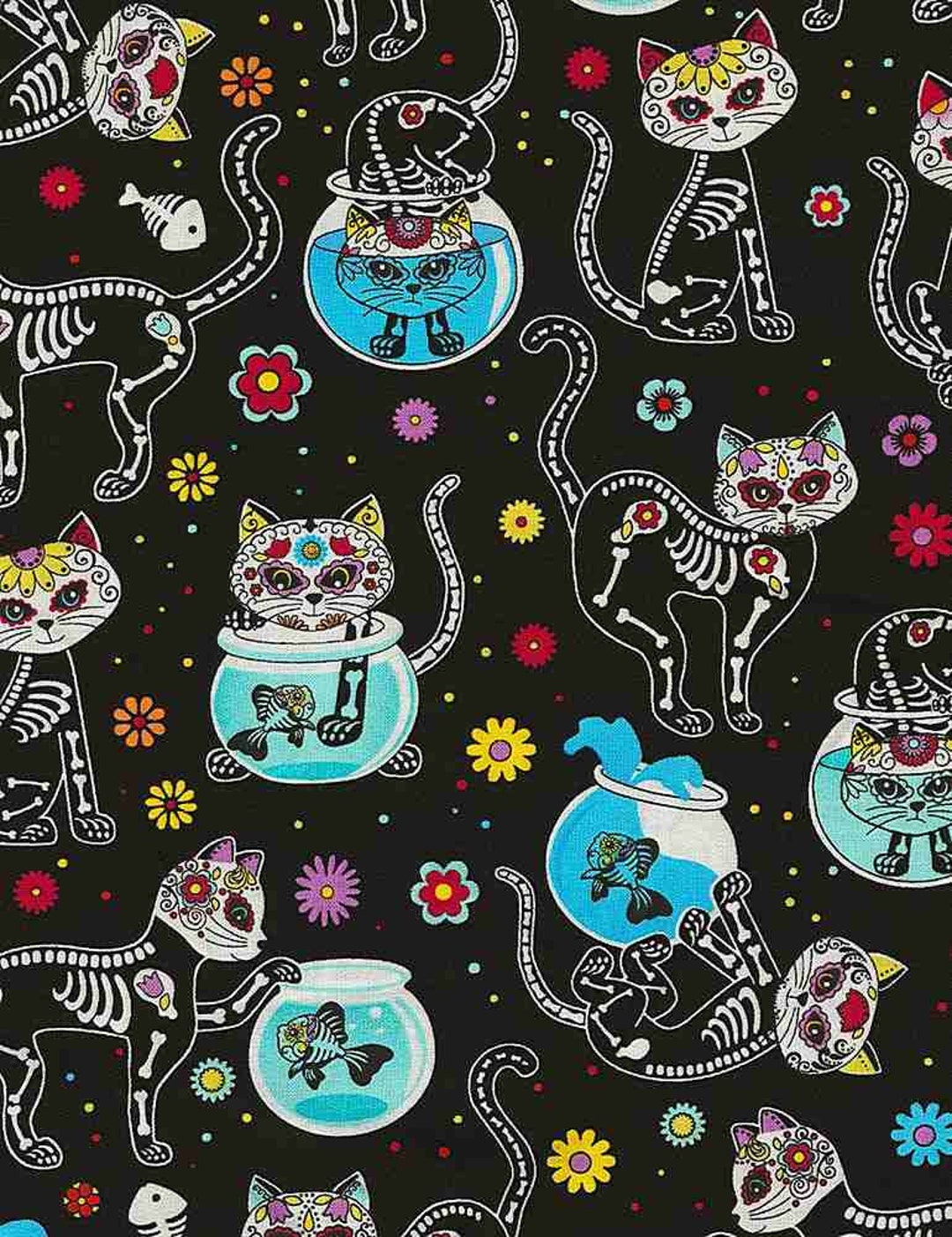 Timeless Treasures - Day of the Dead - CAT SKELETONS & FISHBOWLS - 100% ...