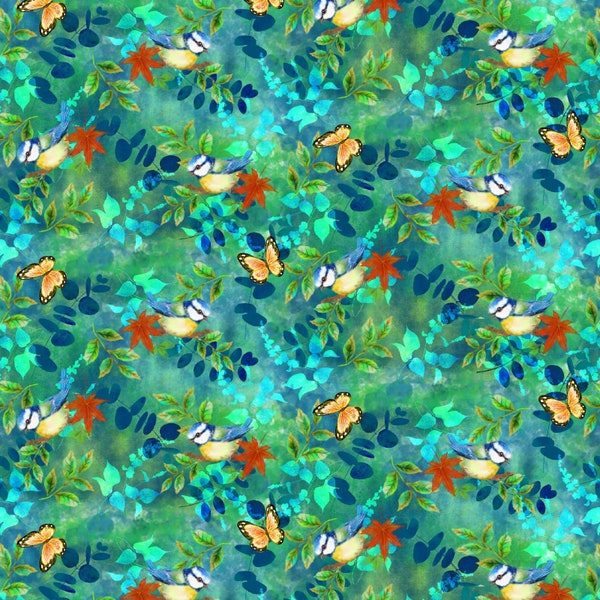 Auburn Fox - Tossed Birds Allover with Butterflies - Pattern #6223-76 Teal - by Studio E - 100% Cotton Woven Fabric - Choose Your Cut