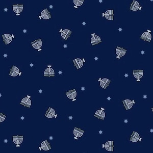 The Gift of Light - #8289-77 Dark Blue - Small Menorahs - by Studio E - 100% Cotton Woven Fabric - Choose Your Cut