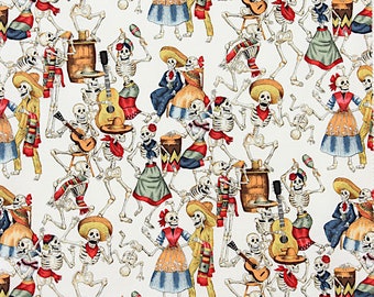 Fiesta De Los Muertos - Pattern # 45AR - Day of the Dead Dancing Skeletons - Mexican Folkloric - Alexander Henry - 100% Cotton Woven Fabric