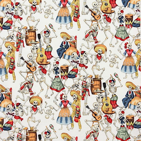 Fiesta De Los Muertos - Pattern # 45AR - Day of the Dead Dancing Skeletons - Mexican Folkloric - Alexander Henry - 100% Cotton Woven Fabric