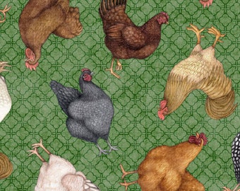 May include: A seamless pattern featuring a repeating design of chickens in various poses on a green background with a geometric pattern. The chickens are brown, white, black, and tan.
