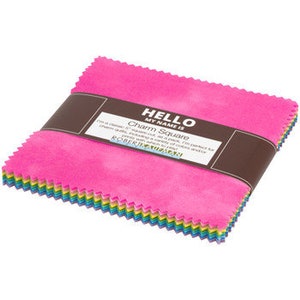 May include: A pack of 10 charm squares in assorted colors, including pink, blue, green, yellow, and orange. The fabric is a soft, tie-dye style with a subtle swirl pattern. The label reads "Hello My Name Is Charm Square".
