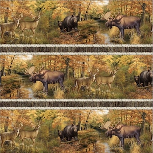 May include: A repeating pattern of a forest scene with a moose, deer, and bear in a woodland setting with fall foliage.
