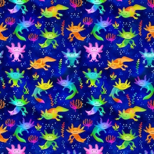 Lindas Salamandras Axolotl - #CD2889 ROYAL - de Timeless Treasures - Tela tejida 100% algodón - Elige tu corte