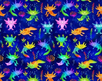 Cute Axolotl Salamanders - #CD2889  ROYAL - by Timeless Treasures - 100% Cotton Woven Fabric - Choose Your Cut