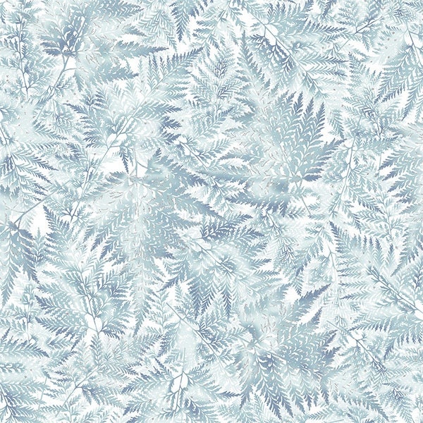 Perch - Ferns - Pattern # T7742-190S-Ice-Blue-Silver with Metallic Accents - by Hoffman Fabrics - 100% Cotton Woven Fabric - Choose Cut