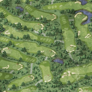 Peut inclure: Une carte illustrée vue du ciel d'un terrain de golf présentant plusieurs fairways verts, des bunkers de sable, de petits étangs et des groupes d'arbres. Le tracé comprend plusieurs greens marqués par des drapeaux rouges.