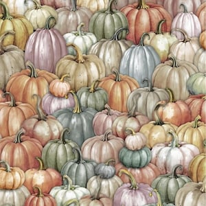 Puede incluir: Una ilustración a la acuarela de una colección de calabazas de varios tamaños y colores. Las calabazas van desde tonos apagados de naranja, verde y rosa hasta blanco crema y beige. Las calabazas tienen tallos verdes y están dispuestas juntas.