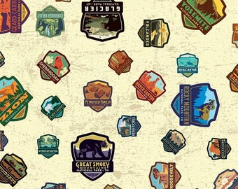 National Park Patches on Cream by Riley Blake, 100% Cotton Woven Fabric - Choose Your Cut