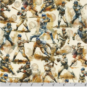 Game Day Baseball Players - #SRKD-22908-200 VINTAGE Watercolor Look - by Robert Kaufman - 100% Cotton Woven Fabric - Choose Cut