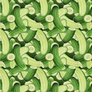 May include: A seamless pattern of green cucumbers, some whole and some sliced, arranged in a random pattern.