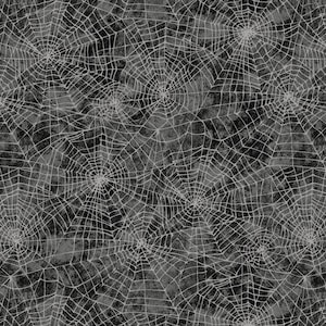May include: A repeating pattern of spiderwebs in a Halloween theme. The webs are white and the background is a mottled grey and black. The webs are detailed and create a spooky, textured effect.