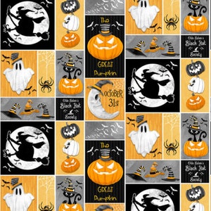 May include: A black and white Halloween themed fabric with a repeating pattern of pumpkins, ghosts, witches, bats, spiders, and hats. The fabric has a yellow and orange background with black and white accents. The text "The Great Pumpkin" and "October 31st" is included in the pattern.