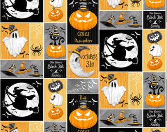 Może przedstawiać: Tkanina w czarno-białe wzory z motywem Halloween, z powtarzającym się wzorem dyni, duchów, czarownic, nietoperzy, pająków i kapeluszy. Tkanina ma żółto-pomarańczowe tło z czarno-białymi akcentami. Wzór zawiera tekst "The Great Pumpkin" i "October 31st".