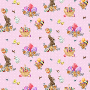 Bunny Tails Bunnies with Baskets - # 9764-22 Pink - by Henry Glass - 100% Cotton Woven Fabric, Choose Your Cut