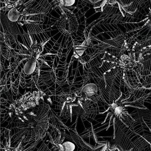 May include: A black and white fabric pattern featuring a dense, repeating illustration of various spiders positioned across intricate, overlapping spiderwebs. The design showcases multiple arachnid species with detailed legs and bodies.