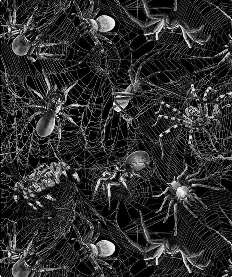 May include: A black and white fabric pattern featuring a dense, repeating illustration of various spiders positioned across intricate, overlapping spiderwebs. The design showcases multiple arachnid species with detailed legs and bodies.