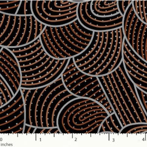 May include: Abstract pattern fabric with a black background, featuring a design of overlapping, curved lines in shades of brown and silver. The lines are dotted with small white circles.