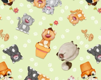 Comfy FLANNEL Prints - Cats - Lt Green - AE Nathan - 100% Cotton Flannel, Free Shipping