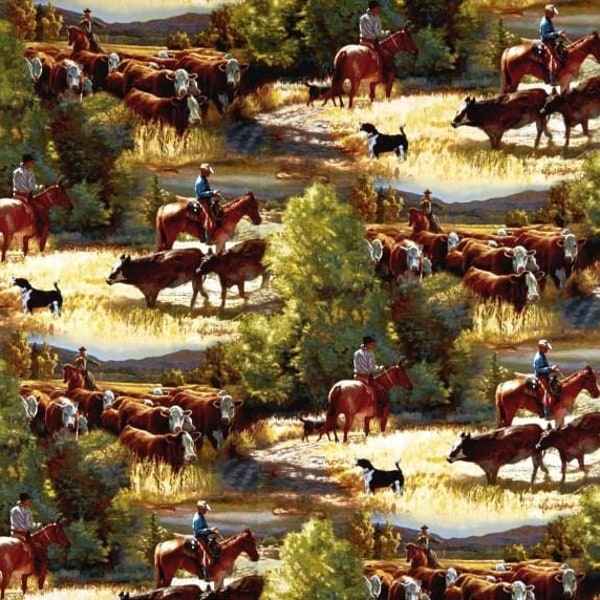 REMNANT 1/2 Yard - Wild Wings  - #55729-A620310P Multi - Sagebrush - by Springs Creative - Cowboys and Cattle - 100% Cotton Woven Fabric