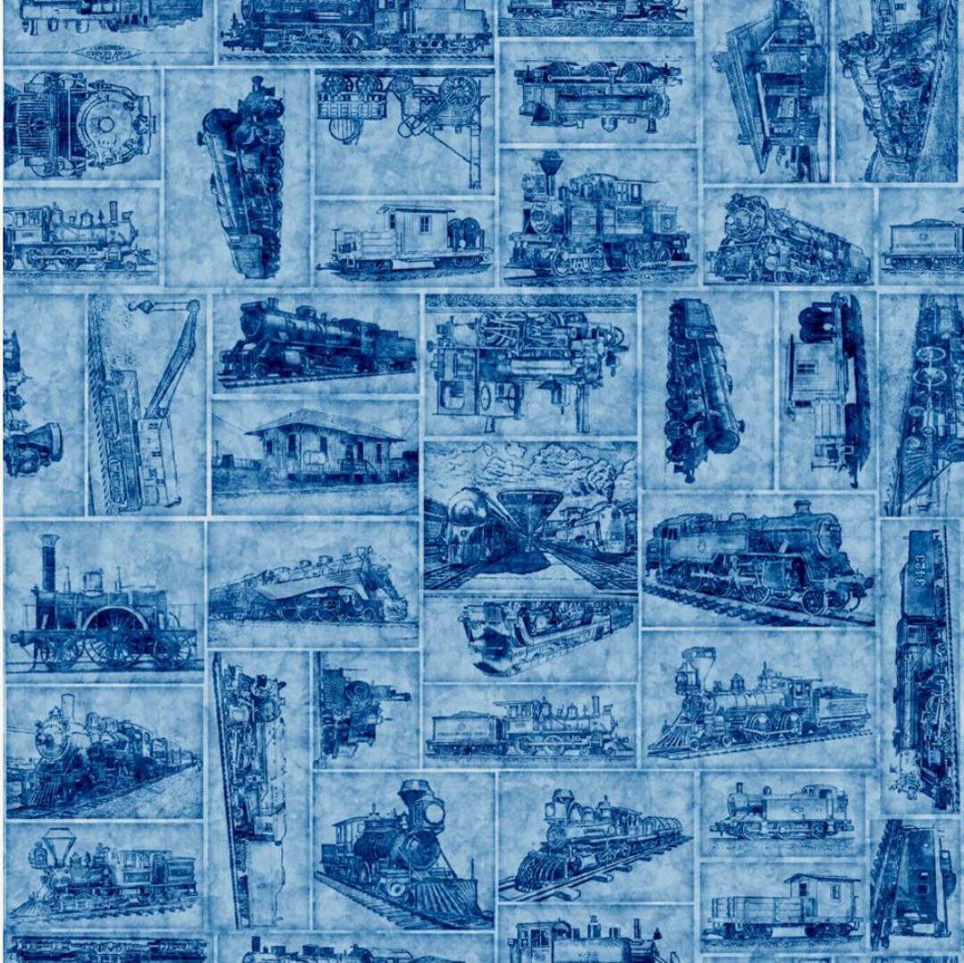 Locomotion Train Patch Blue 28673 B by Quilting Treasures 100% Cotton ...
