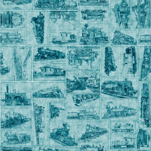 Puede incluir: Un collage de estilo vintage de ilustraciones azules y blancas de varias locomotoras de vapor. Las imágenes están dispuestas en una cuadrícula y presentan diferentes ángulos y perspectivas de los trenes.