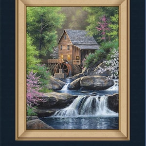 May include: A painting depicting a wooden watermill with a waterfall in front of it. The mill is surrounded by lush green trees and a small stream. The water is clear and blue, and the waterfall is cascading down rocks. The mill is a rustic structure with a wooden roof and a stone foundation. The painting is framed in a gold frame.