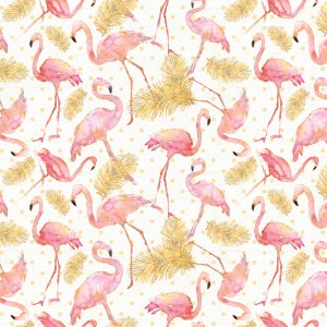 Remnants - Flamingo Paradise - Tossed Flamingos - Pink and Gold - 100% Cotton Woven Fabric