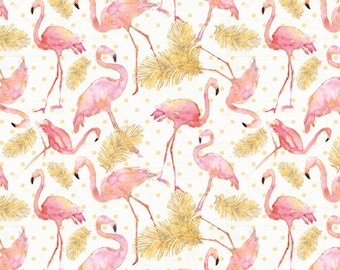 Remnants - Flamingo Paradise - Tossed Flamingos - Pink and Gold - 100% Cotton Woven Fabric