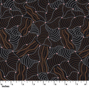 May include: Black fabric featuring a repeating pattern of white dotted arcs, brown wavy lines, and small pink dots. The design is measured in inches along the bottom edge of the image. The pattern resembles an abstract map or network.