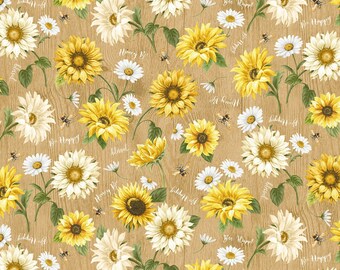 Bee CD2396 Tan - fleurs d'abeille - par Timeless Treasures - tissu 100 % coton - coupe au choix