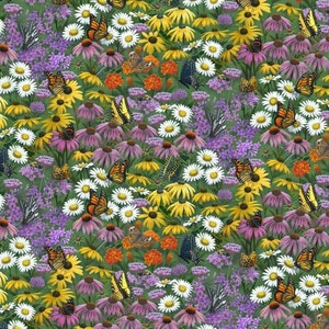 May include: A vibrant floral pattern featuring a variety of colourful butterflies, flowers, and plants. The design includes butterflies in shades of blue, orange, and black, along with pink, purple, and yellow flowers.