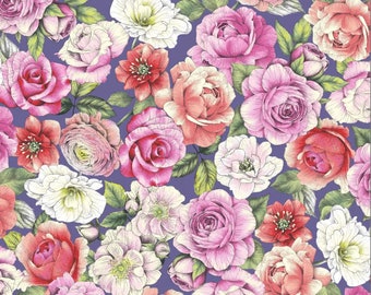 May include: A seamless pattern featuring a variety of pink, red, and white flowers with green leaves on a purple background.