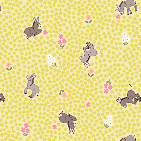 Piggy Tales - by Lewis & Irene - Pattern # A535.1 - Dinky Donkeys on Yellow - 100% Cotton Woven Fabric