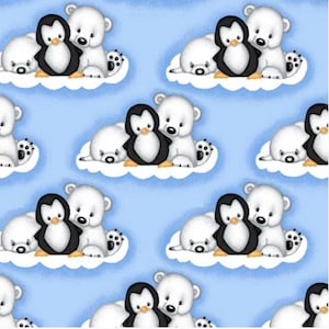 May include: A repeating pattern on a light blue background features cartoon polar bears, penguins, and seals. The animals are white, black, and yellow, and are resting on white cloud shapes. The design is suitable for children's products.